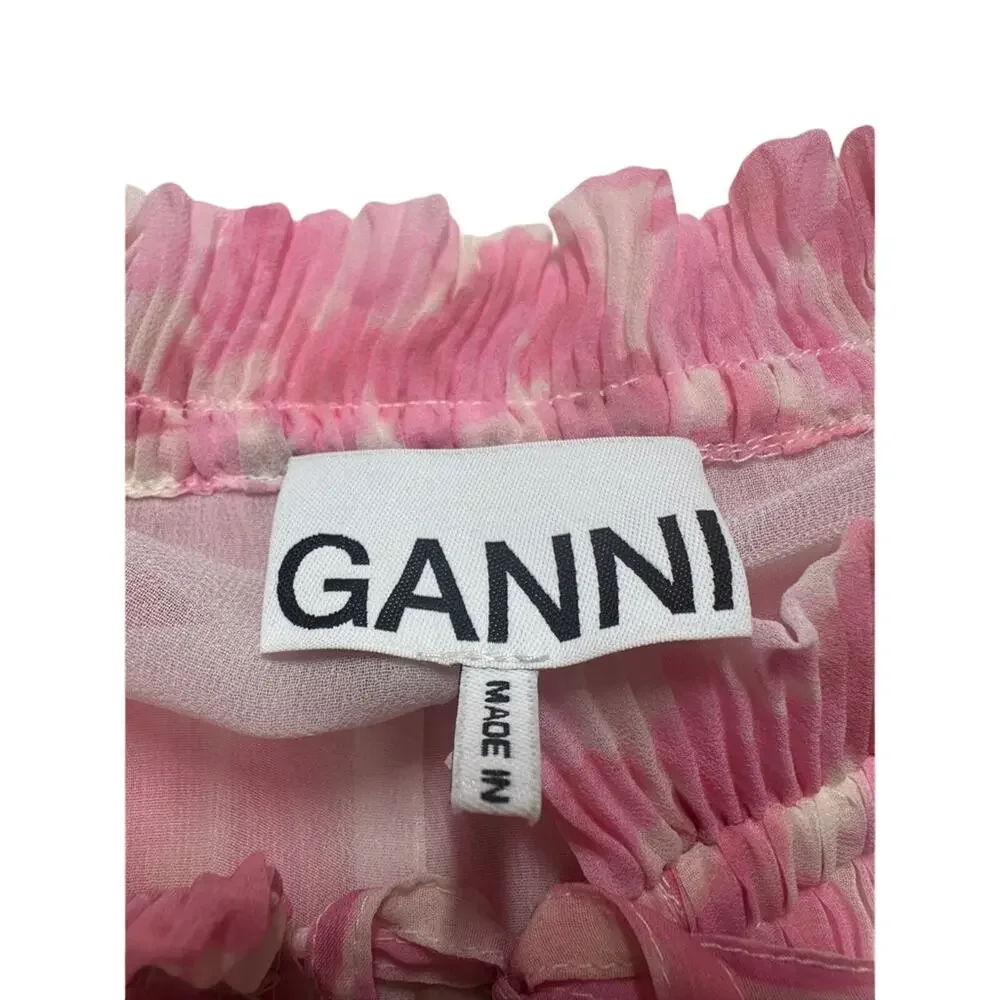 GANNI Pleated Pink Floral Blouse Balloon Sleeve Size 36 Romantic Scandi Style - Picture 3 of 11